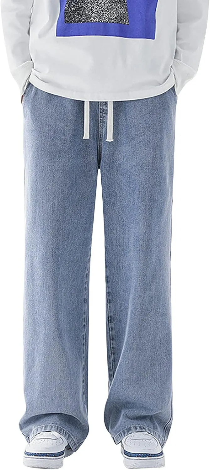 Men's Baggy Hip Hop Jeans Wide Leg Skater Denim Pants Casual Loose Fit Long Trousers Streetwear