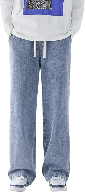 Men's Baggy Hip Hop Jeans Wide Leg Skater Denim Pants Casual Loose Fit Long Trousers Streetwear