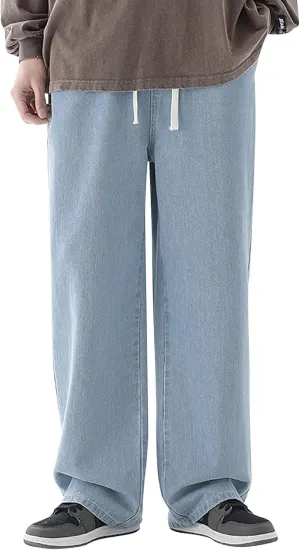 Men's Baggy Hip Hop Jeans Wide Leg Skater Denim Pants Casual Loose Fit Long Trousers Streetwear