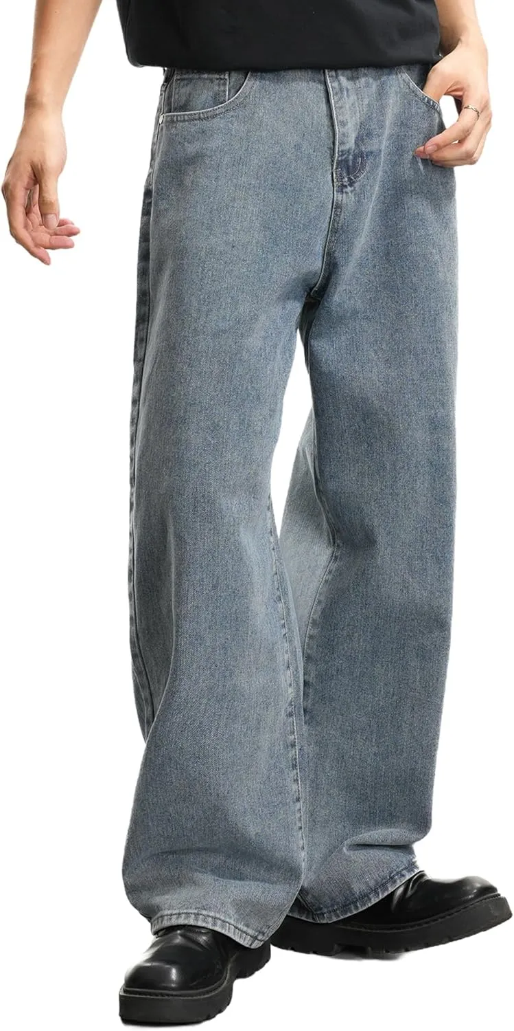 Mens Baggy Hip Hop Jeans Wide Leg Streetwear Jeans Loose Fit Y2K Skater Denim Pants