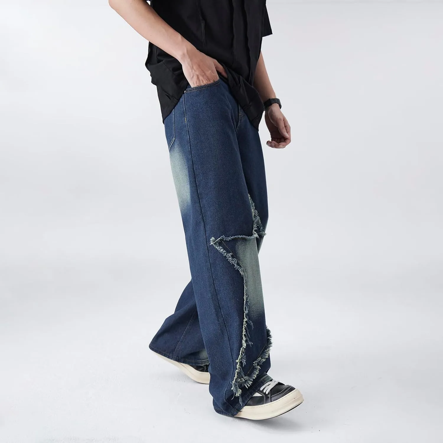 Men's Baggy Jeans Y2K Vintage Distressed Ripped Wide Leg Denim Pants Hip Hop Casual Loose Fit Streetwear Trousers