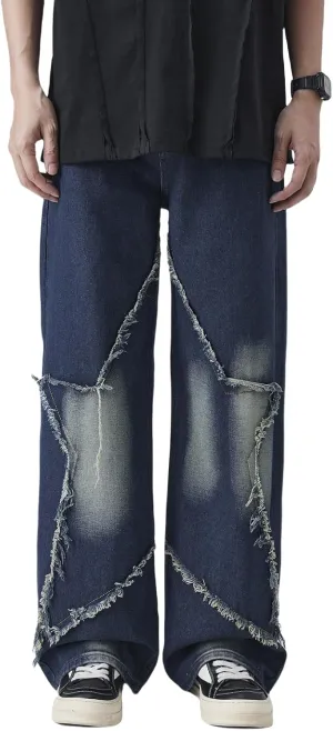 Men's Baggy Jeans Y2K Vintage Distressed Ripped Wide Leg Denim Pants Hip Hop Casual Loose Fit Streetwear Trousers
