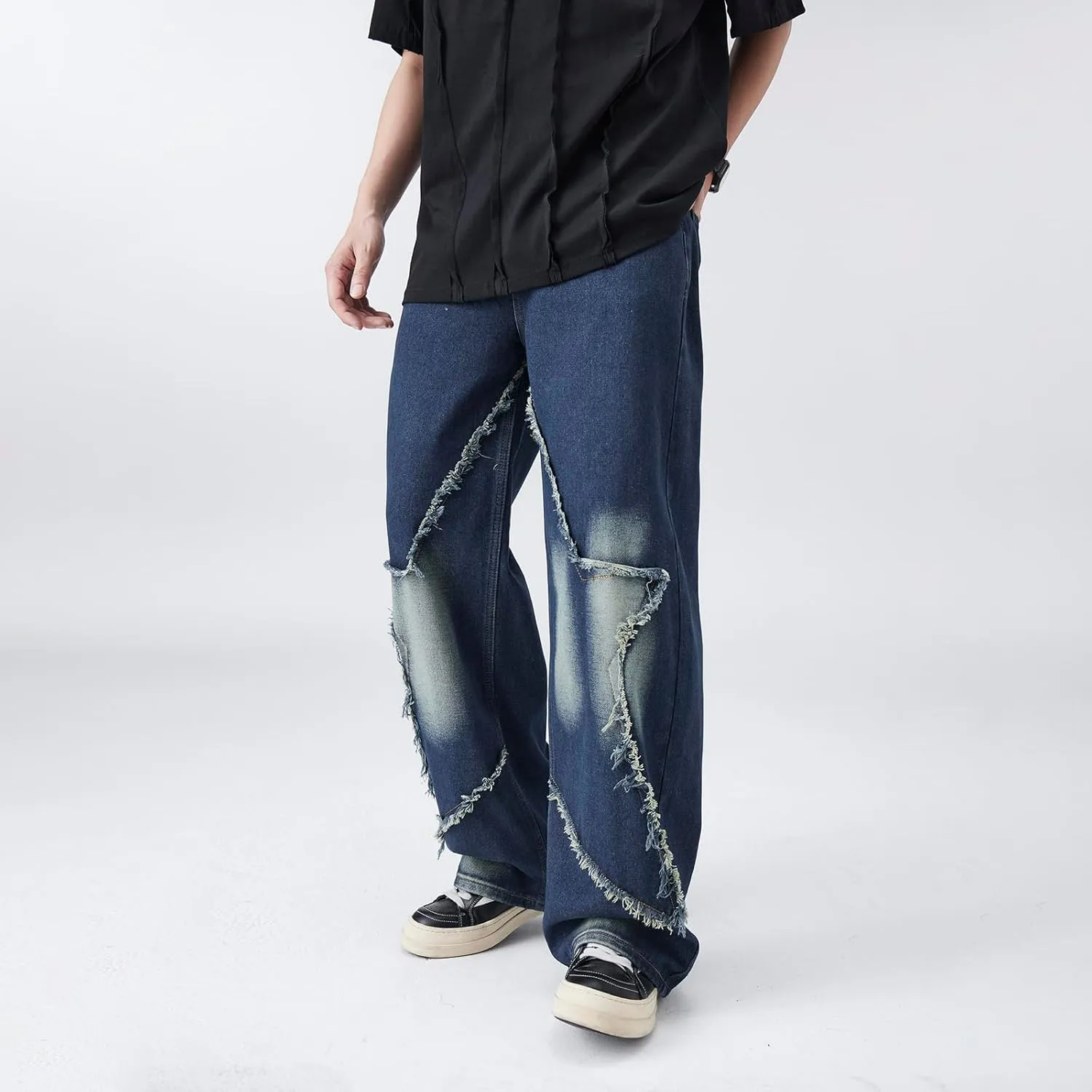 Men's Baggy Jeans Y2K Vintage Distressed Ripped Wide Leg Denim Pants Hip Hop Casual Loose Fit Streetwear Trousers