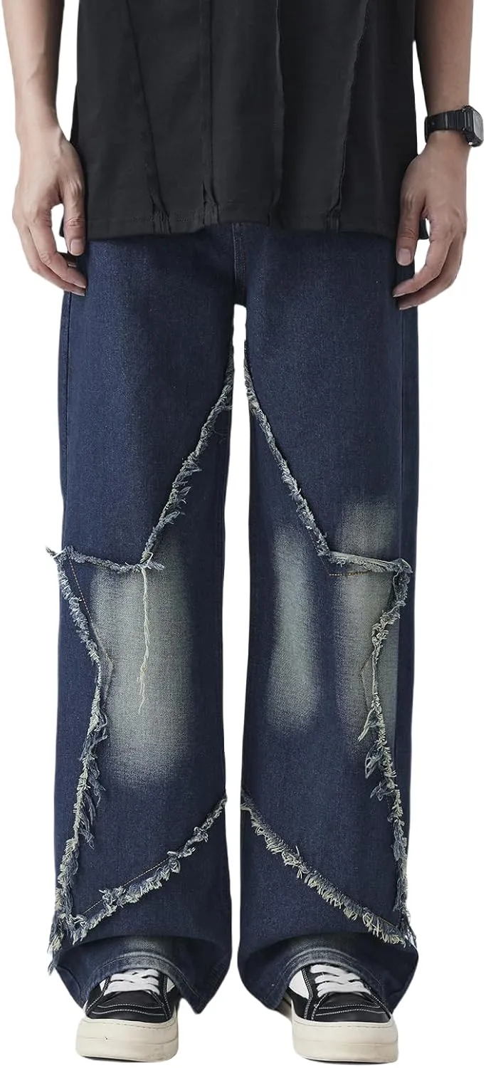 Men's Baggy Jeans Y2K Vintage Distressed Ripped Wide Leg Denim Pants Hip Hop Casual Loose Fit Streetwear Trousers