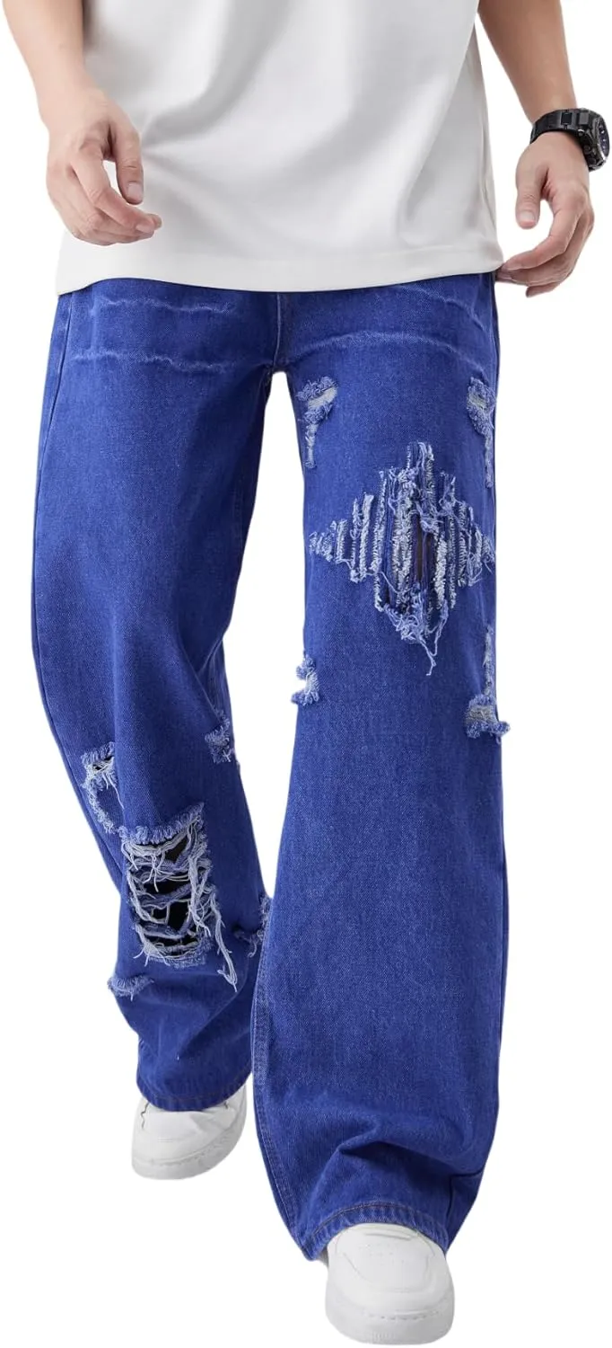 Men's Baggy Jeans Y2K Vintage Distressed Ripped Wide Leg Denim Pants Hip Hop Casual Loose Fit Streetwear Trousers