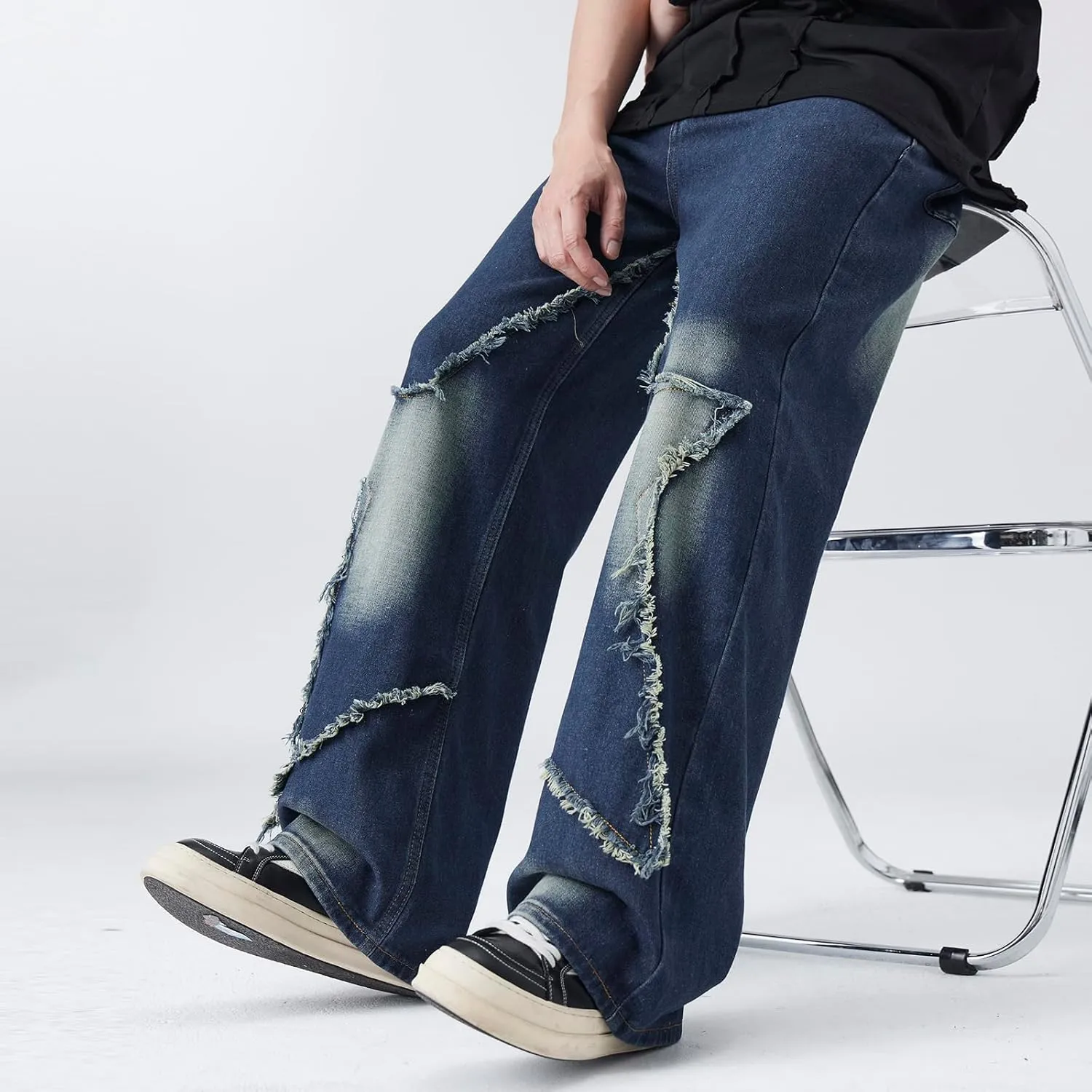 Men's Baggy Jeans Y2K Vintage Distressed Ripped Wide Leg Denim Pants Hip Hop Casual Loose Fit Streetwear Trousers