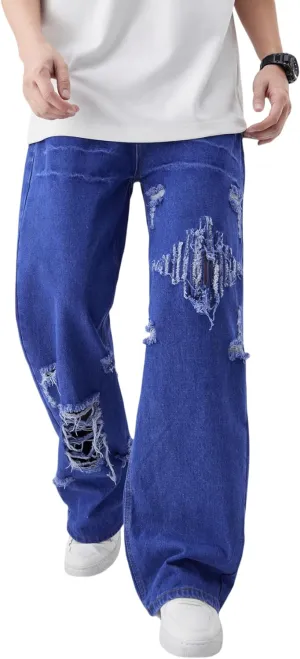 Men's Baggy Jeans Y2K Vintage Distressed Ripped Wide Leg Denim Pants Hip Hop Casual Loose Fit Streetwear Trousers