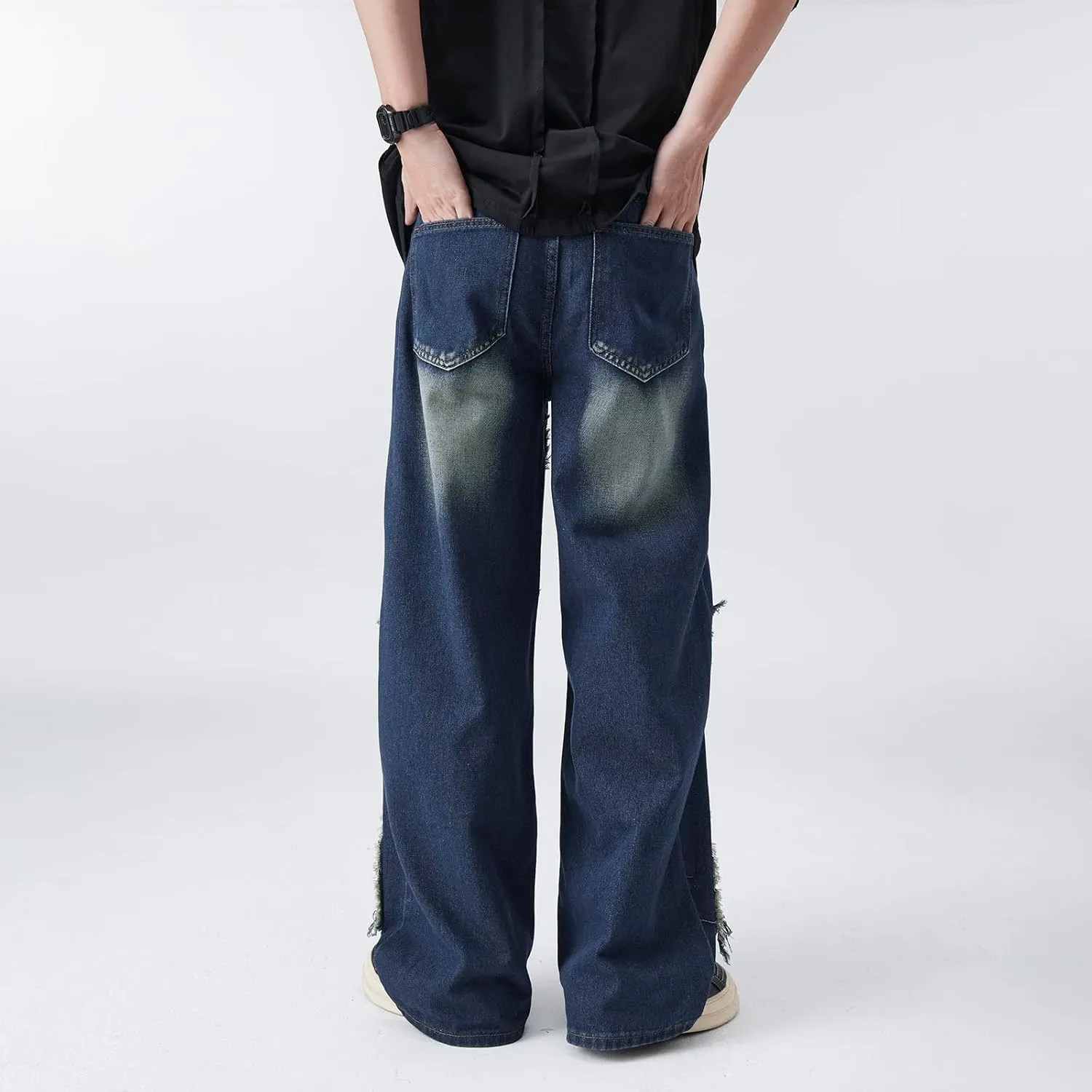 Men's Baggy Jeans Y2K Vintage Distressed Ripped Wide Leg Denim Pants Hip Hop Casual Loose Fit Streetwear Trousers