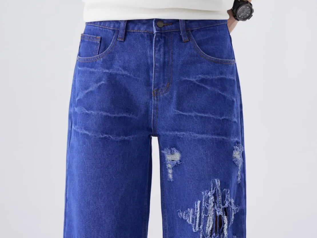 Men's Baggy Jeans Y2K Vintage Distressed Ripped Wide Leg Denim Pants Hip Hop Casual Loose Fit Streetwear Trousers