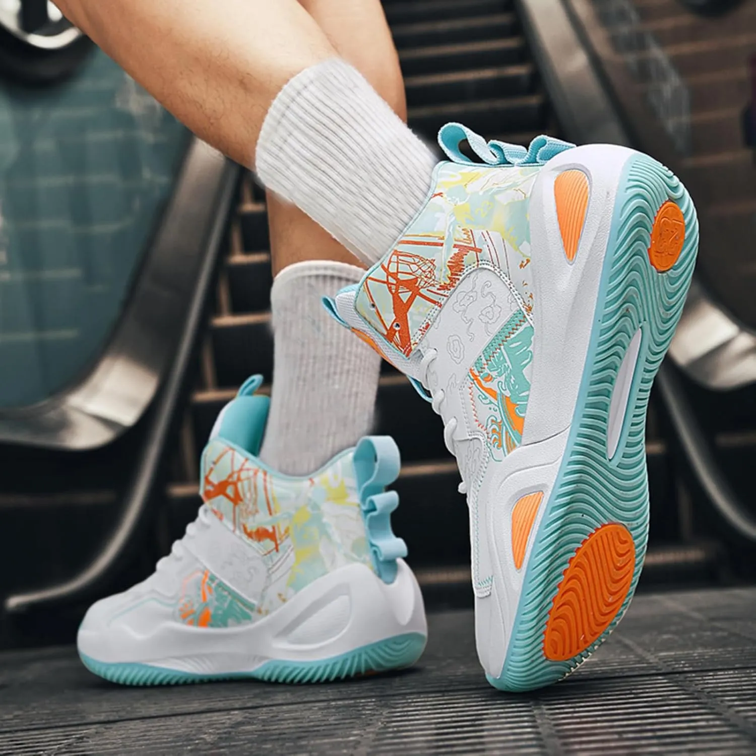 Men's Breathable Mesh Lace Up Basketball Shoes Fashion Non-Slip High-Top Sneakers Casual Gym Sports Tennis Jogging Running Walking Shoes