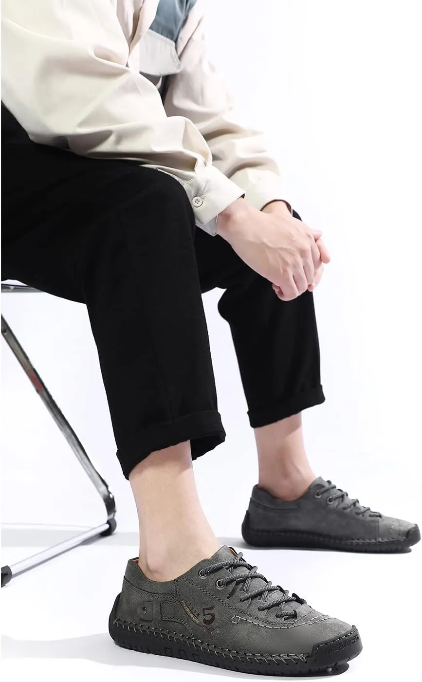 Mens Casual Shoes Summer Breathable Sneakers Loafers Walking Shoes Hand Made Lace-Up Leather Dress Flats Shoes for Driving Business Working Office