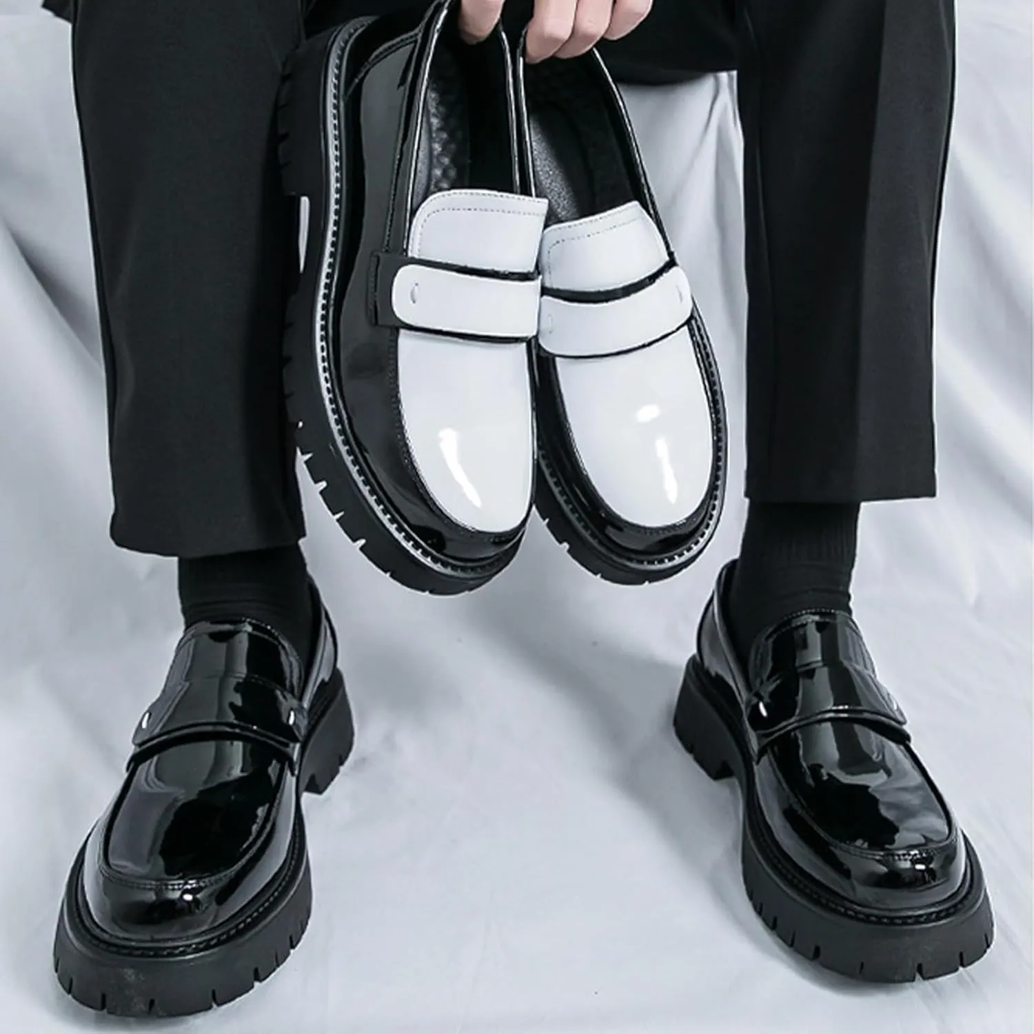 Men's Fashion Chunky Platform Penny Loafers Luxury Round Toe Slip-On Dress Shoes with Non-Slip Lug Sole for Business Work and Daily Casual Wear