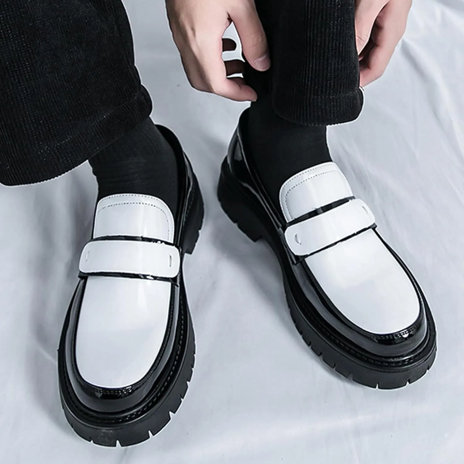 Men's Fashion Chunky Platform Penny Loafers Luxury Round Toe Slip-On Dress Shoes with Non-Slip Lug Sole for Business Work and Daily Casual Wear
