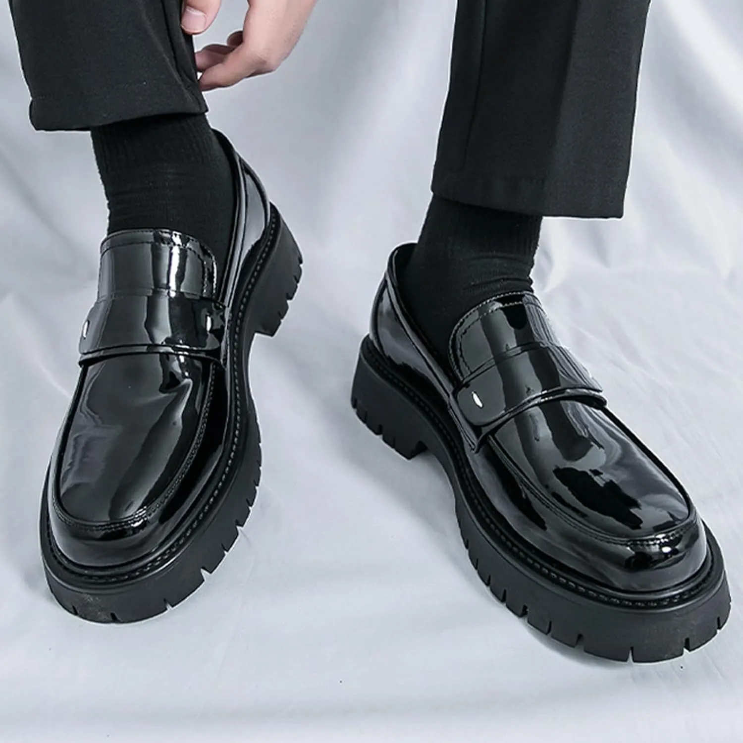 Men's Fashion Chunky Platform Penny Loafers Luxury Round Toe Slip-On Dress Shoes with Non-Slip Lug Sole for Business Work and Daily Casual Wear