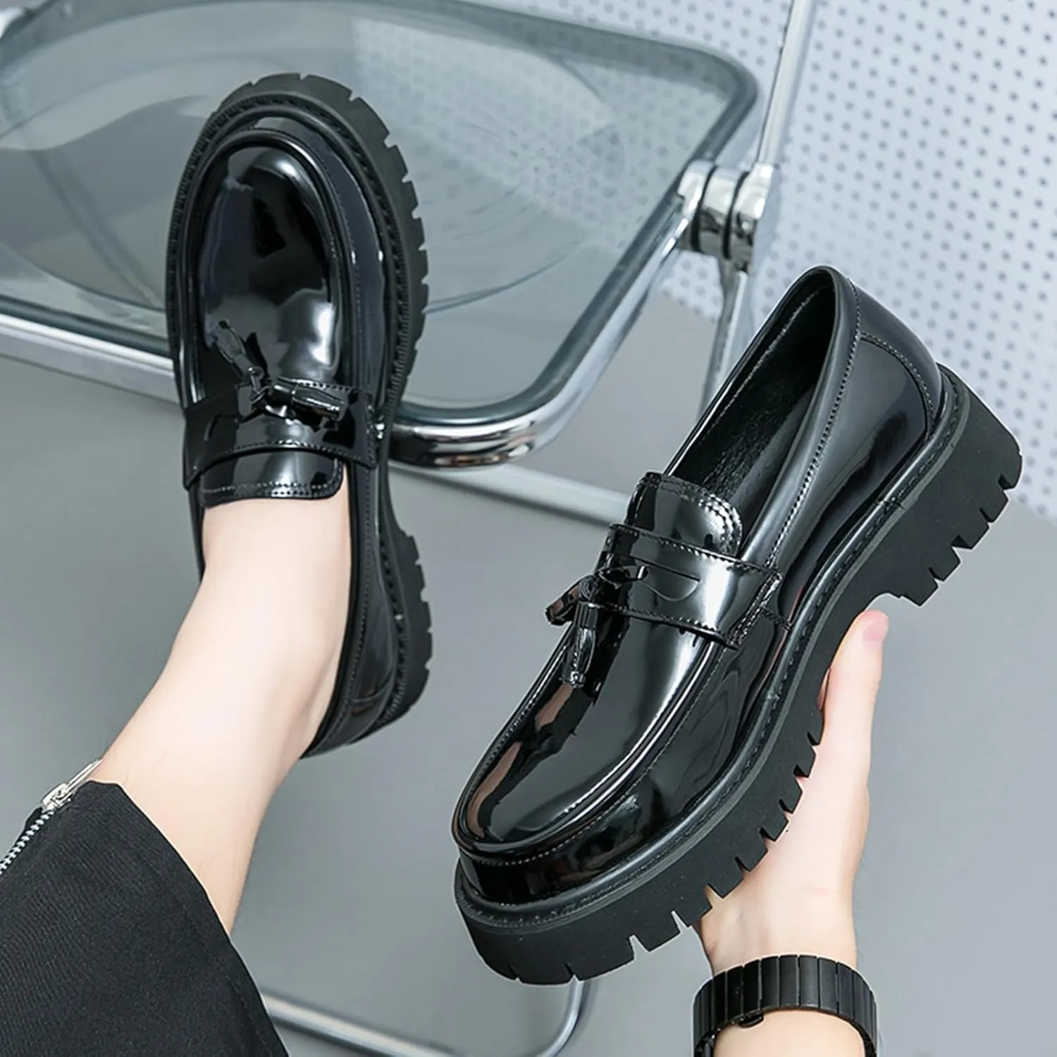 Men's Fashion Chunky Platform Penny Loafers Luxury Round Toe Slip-On Dress Shoes with Non-Slip Lug Sole for Business Work and Daily Casual Wear