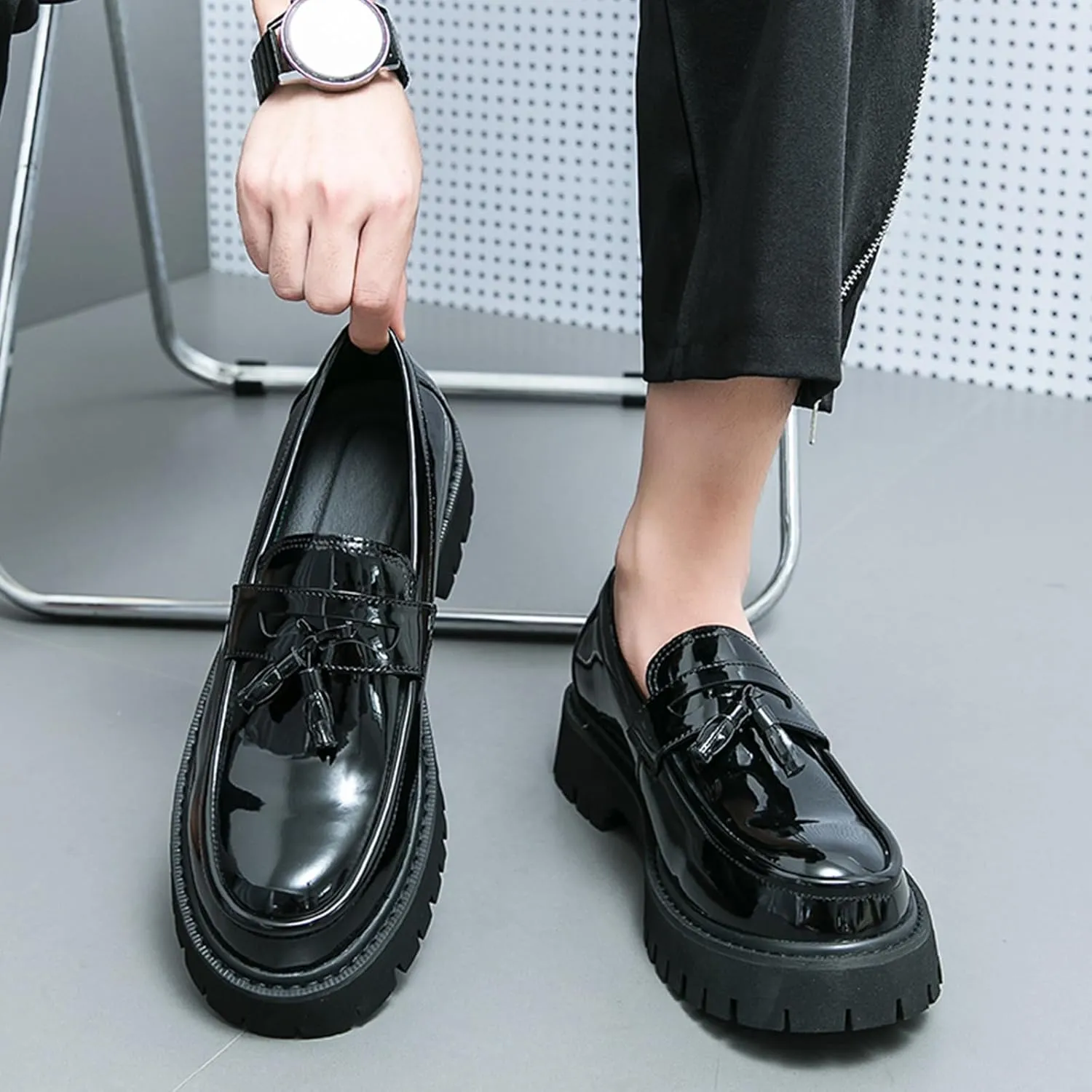 Men's Fashion Chunky Platform Penny Loafers Luxury Round Toe Slip-On Dress Shoes with Non-Slip Lug Sole for Business Work and Daily Casual Wear