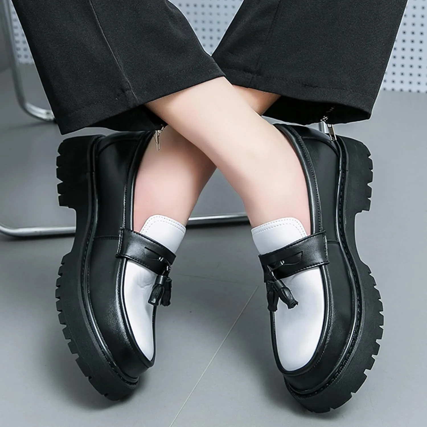 Men's Fashion Chunky Platform Penny Loafers Luxury Round Toe Slip-On Dress Shoes with Non-Slip Lug Sole for Business Work and Daily Casual Wear
