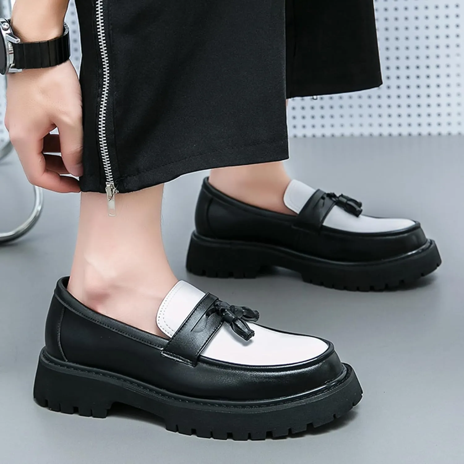 Men's Fashion Chunky Platform Penny Loafers Luxury Round Toe Slip-On Dress Shoes with Non-Slip Lug Sole for Business Work and Daily Casual Wear