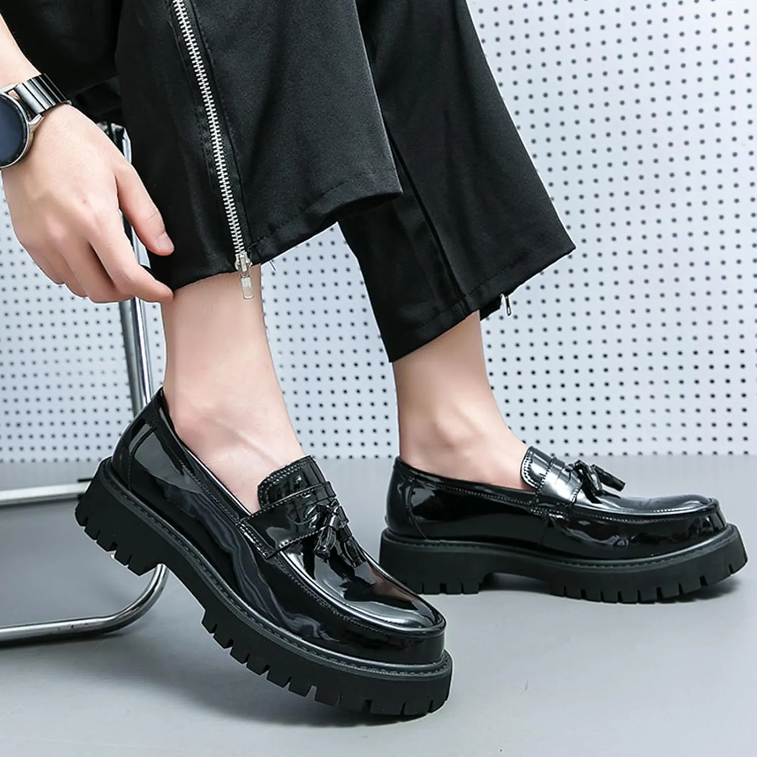 Men's Fashion Chunky Platform Penny Loafers Luxury Round Toe Slip-On Dress Shoes with Non-Slip Lug Sole for Business Work and Daily Casual Wear