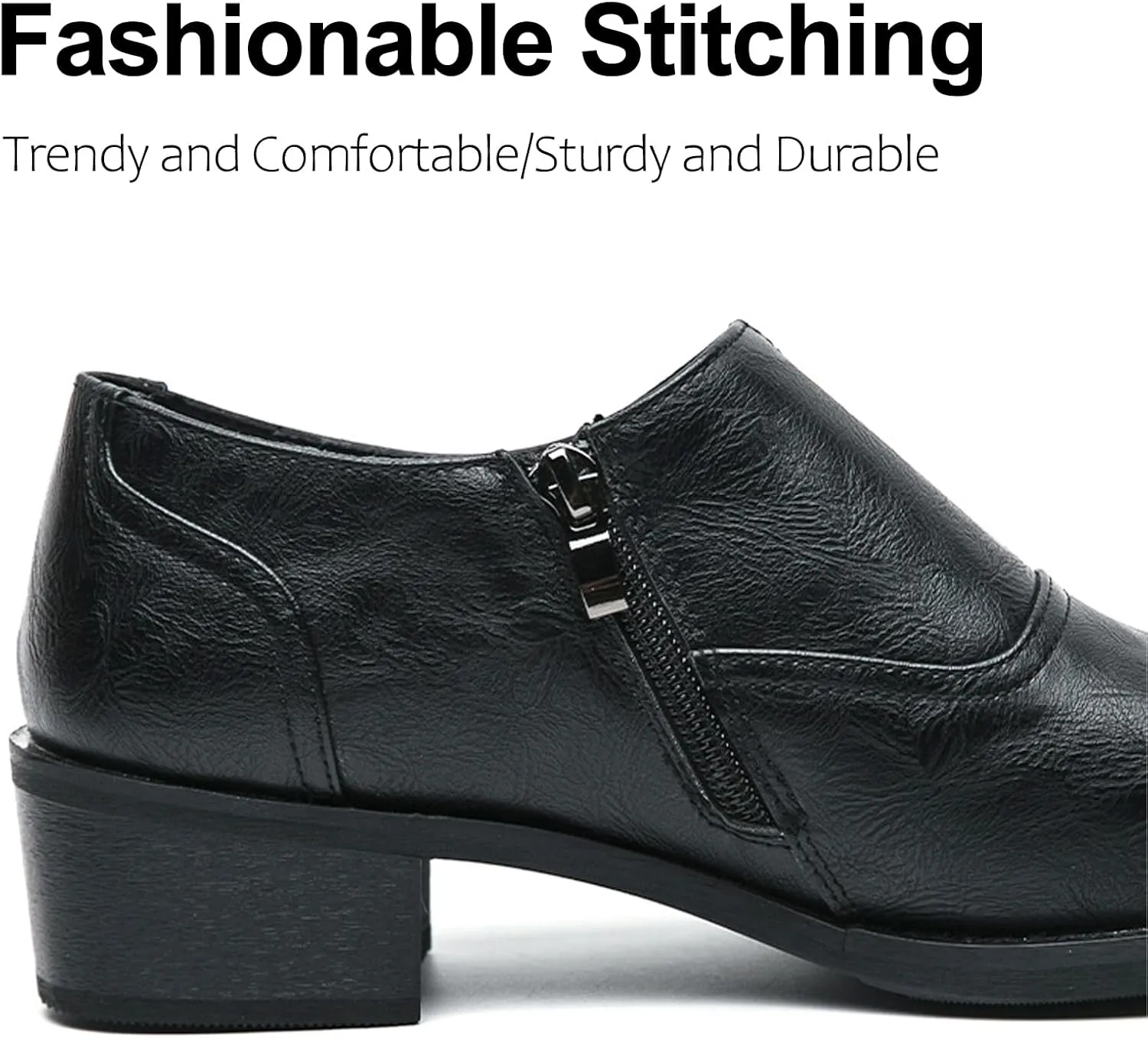 Men's Leather Block Heel Loafers with Side Zipper Square Toe Comfort Slip-On Non-Slip Chunky Heel Casual Shoes Business Work Office Dress Shoes