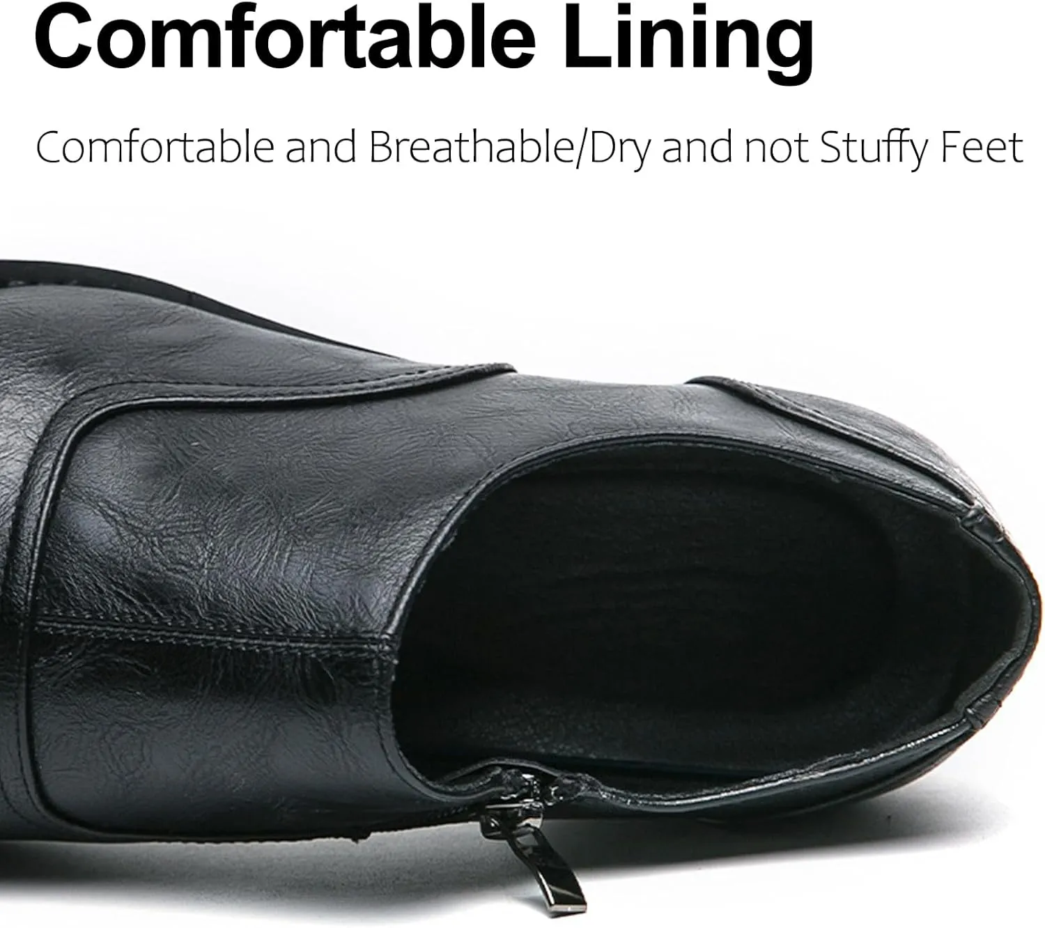 Men's Leather Block Heel Loafers with Side Zipper Square Toe Comfort Slip-On Non-Slip Chunky Heel Casual Shoes Business Work Office Dress Shoes