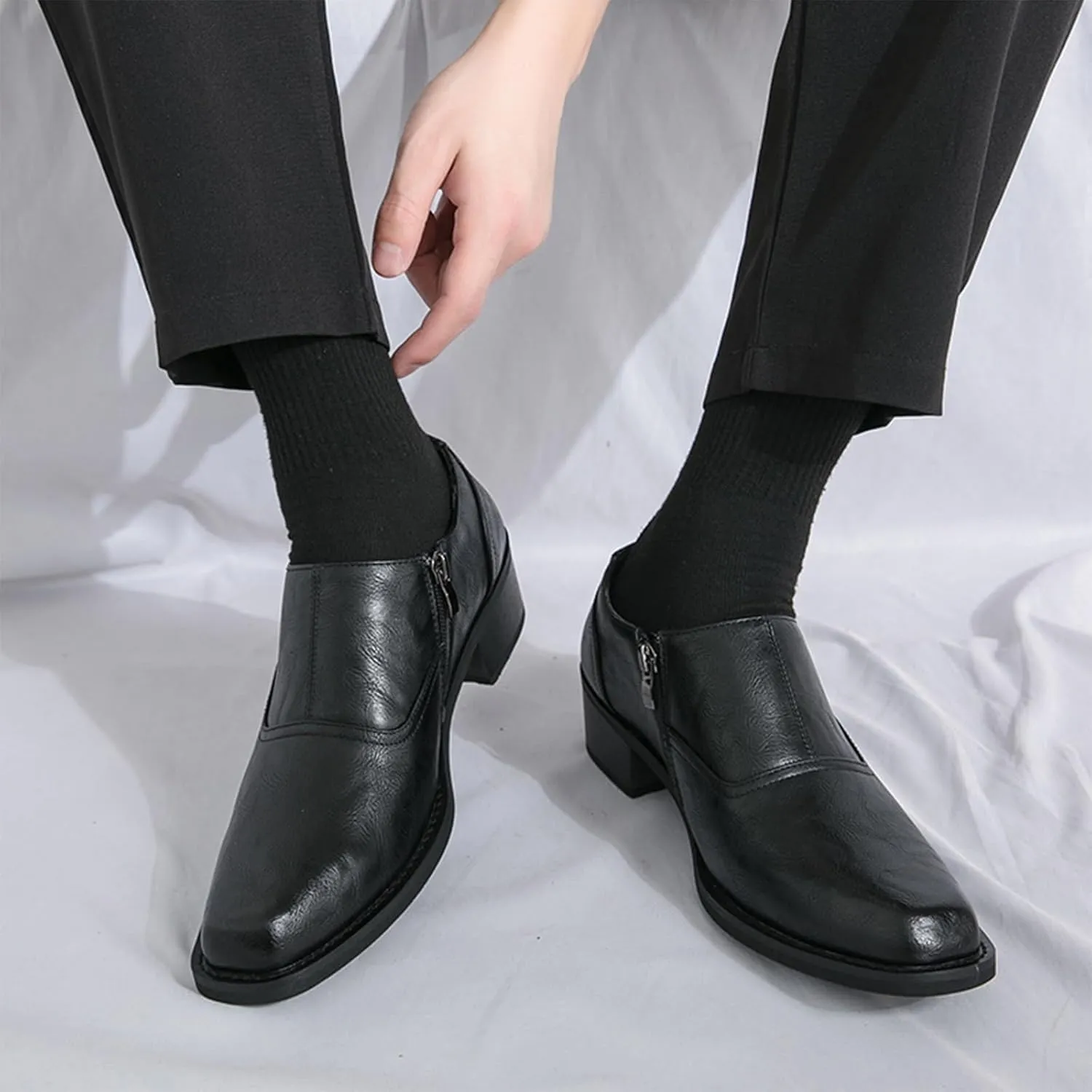 Men's Leather Block Heel Loafers with Side Zipper Square Toe Comfort Slip-On Non-Slip Chunky Heel Casual Shoes Business Work Office Dress Shoes