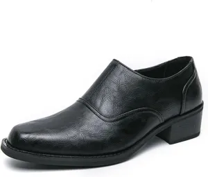 Men's Leather Block Heel Loafers with Side Zipper Square Toe Comfort Slip-On Non-Slip Chunky Heel Casual Shoes Business Work Office Dress Shoes