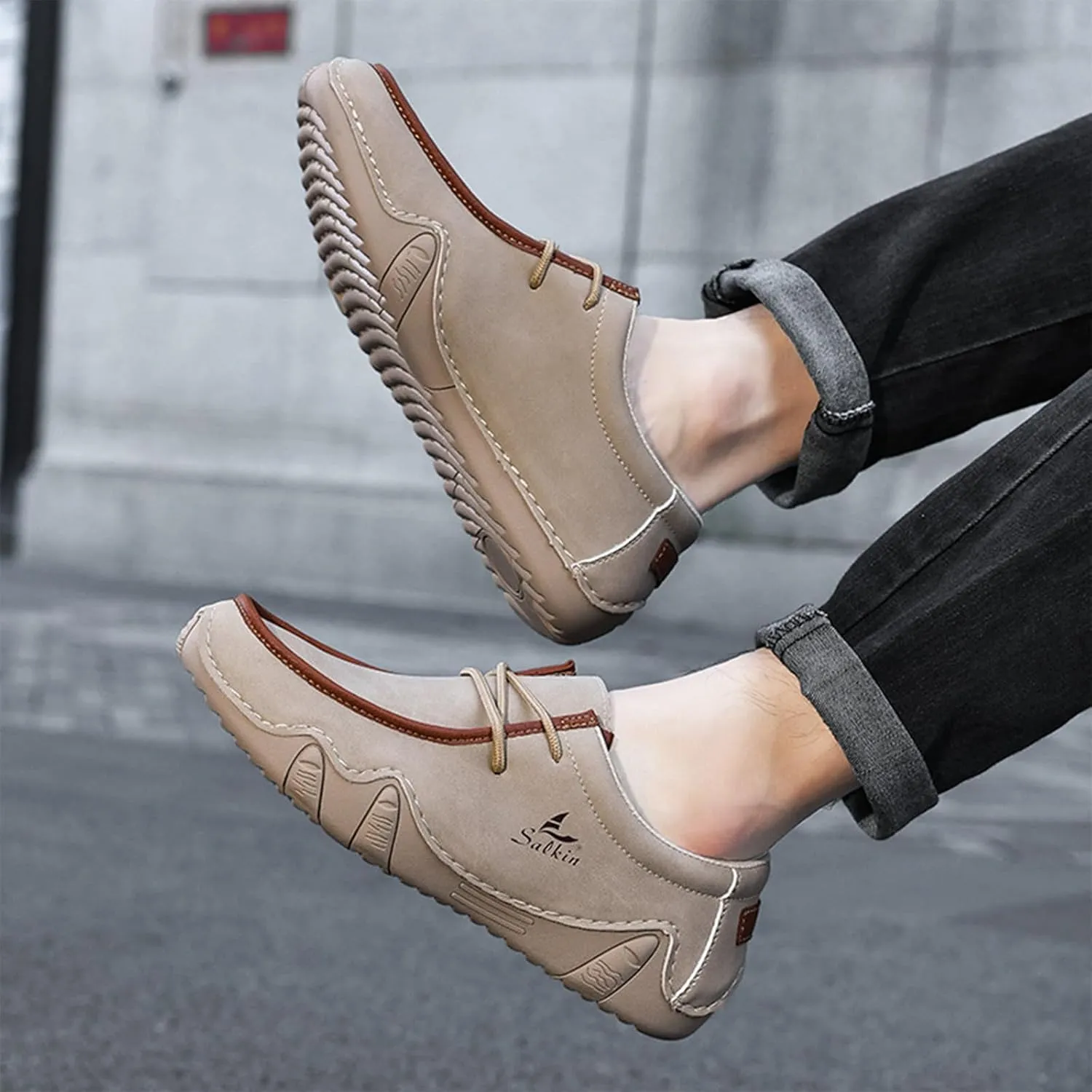 Men's Leather Orthopedic Loafers Comfort Arch Support Non Slip Lace up Casual Shoes Lightweight Work Driving Traveling Walking Shoes