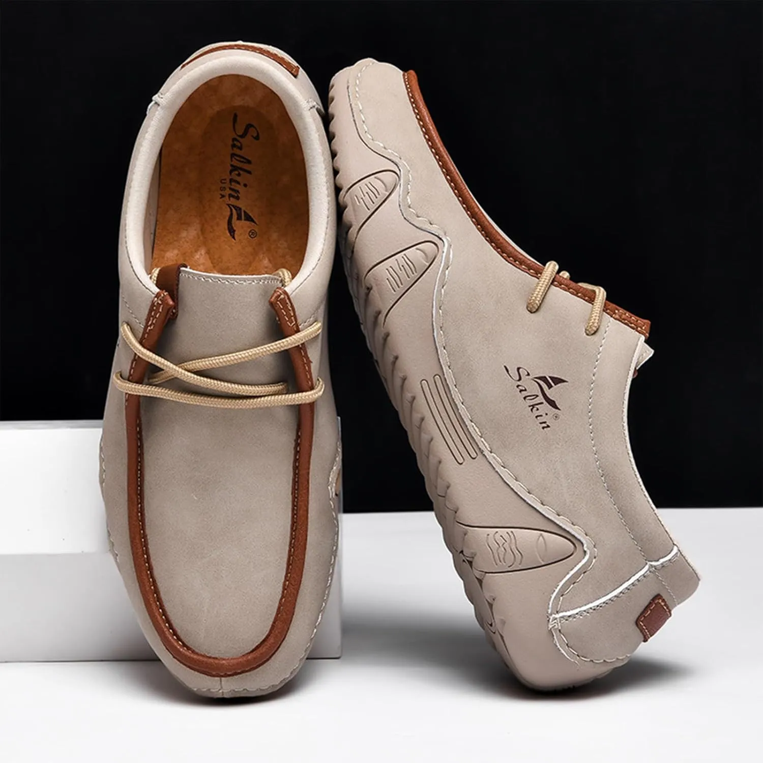 Men's Leather Orthopedic Loafers Comfort Arch Support Non Slip Lace up Casual Shoes Lightweight Work Driving Traveling Walking Shoes