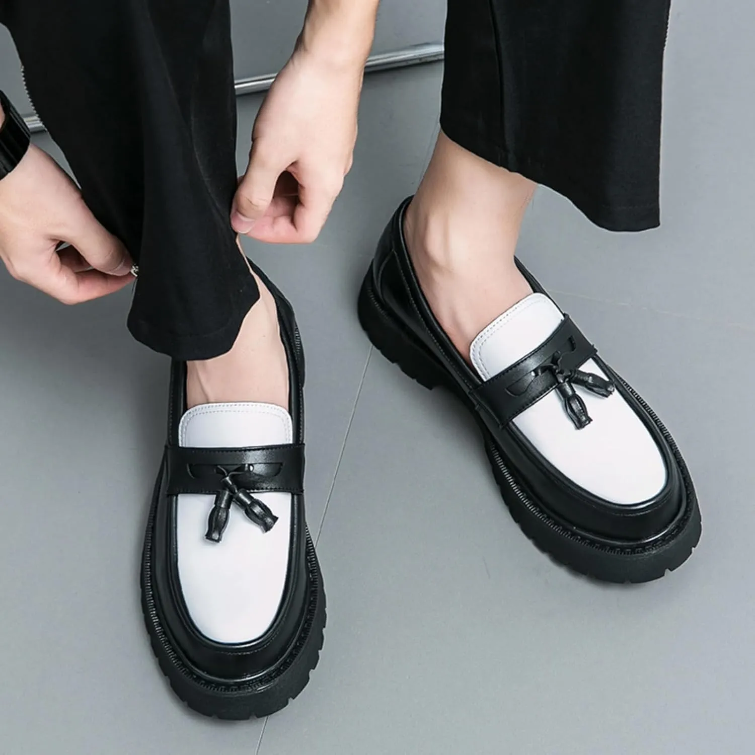 Mens Leather Slip-On Platform Dress Tassels Loafers Non-Slip Low Top Round Toe Chunky Penny Shoes for Business Casual Dress Prom Party