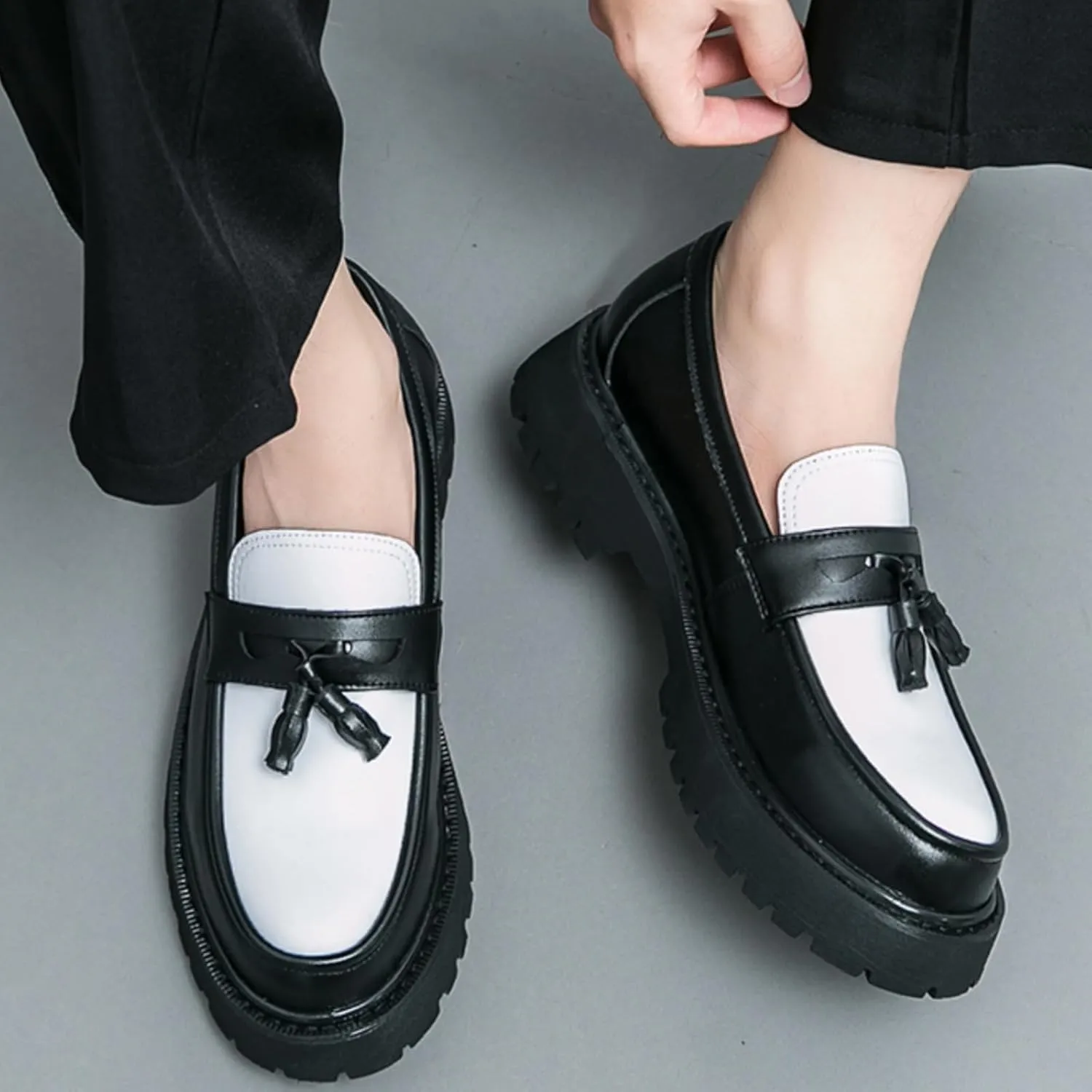 Mens Leather Slip-On Platform Dress Tassels Loafers Non-Slip Low Top Round Toe Chunky Penny Shoes for Business Casual Dress Prom Party
