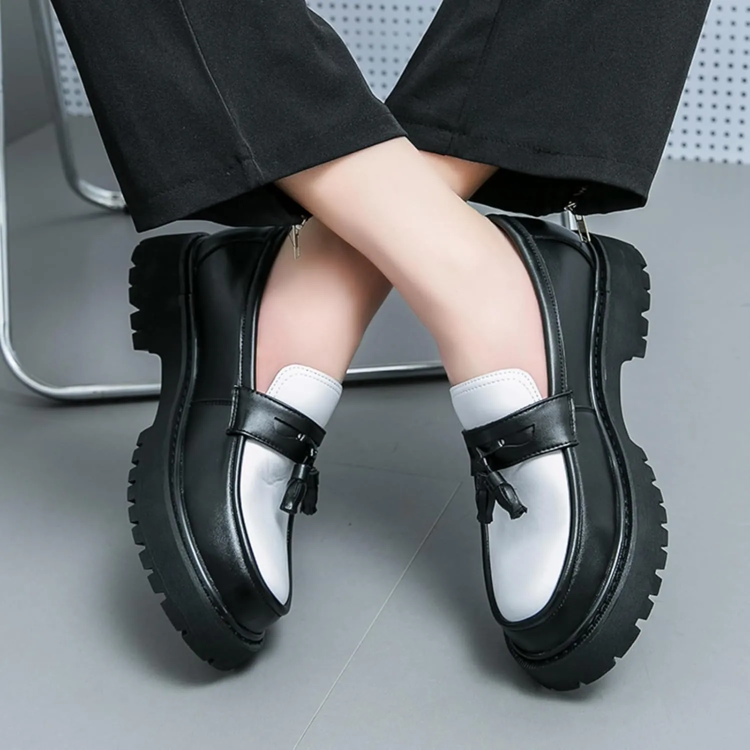 Mens Leather Slip-On Platform Dress Tassels Loafers Non-Slip Low Top Round Toe Chunky Penny Shoes for Business Casual Dress Prom Party