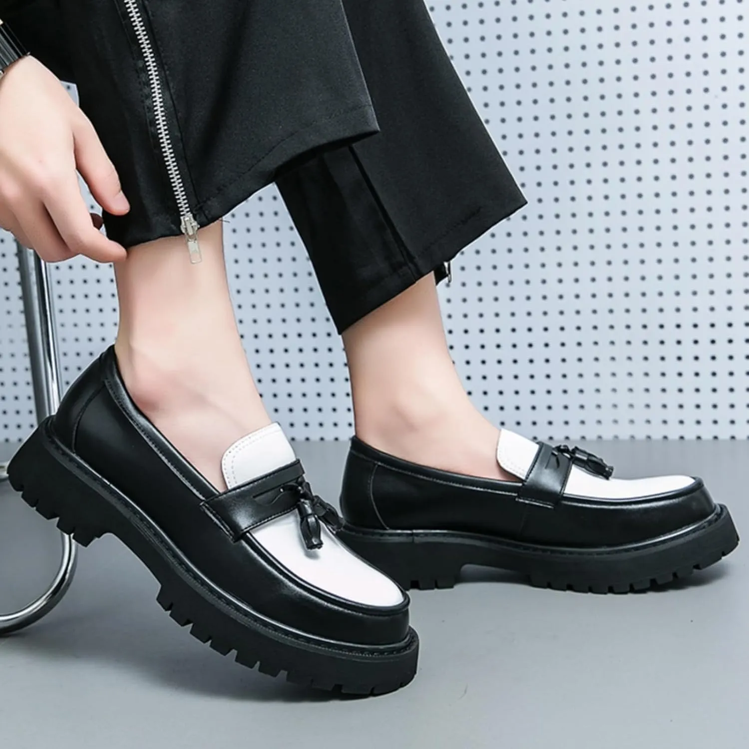 Mens Leather Slip-On Platform Dress Tassels Loafers Non-Slip Low Top Round Toe Chunky Penny Shoes for Business Casual Dress Prom Party
