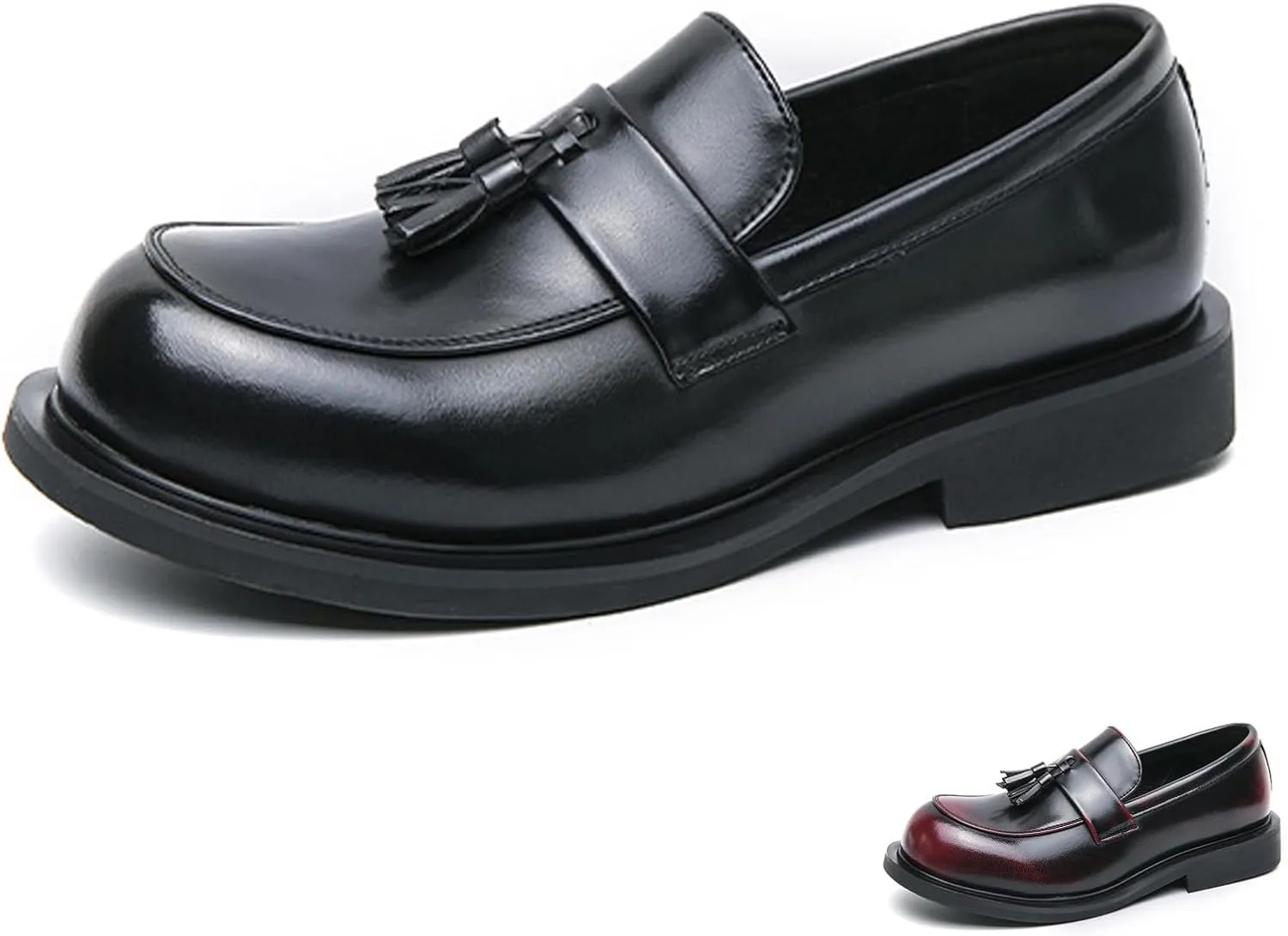 Men's Leather Tassel Slip-On Low Block Heel Loafers Fashion Comfortable Luxury Round Toe Low Top Chunky Low Heel Penny Loafers Casual Work Office Business Dress Shoes