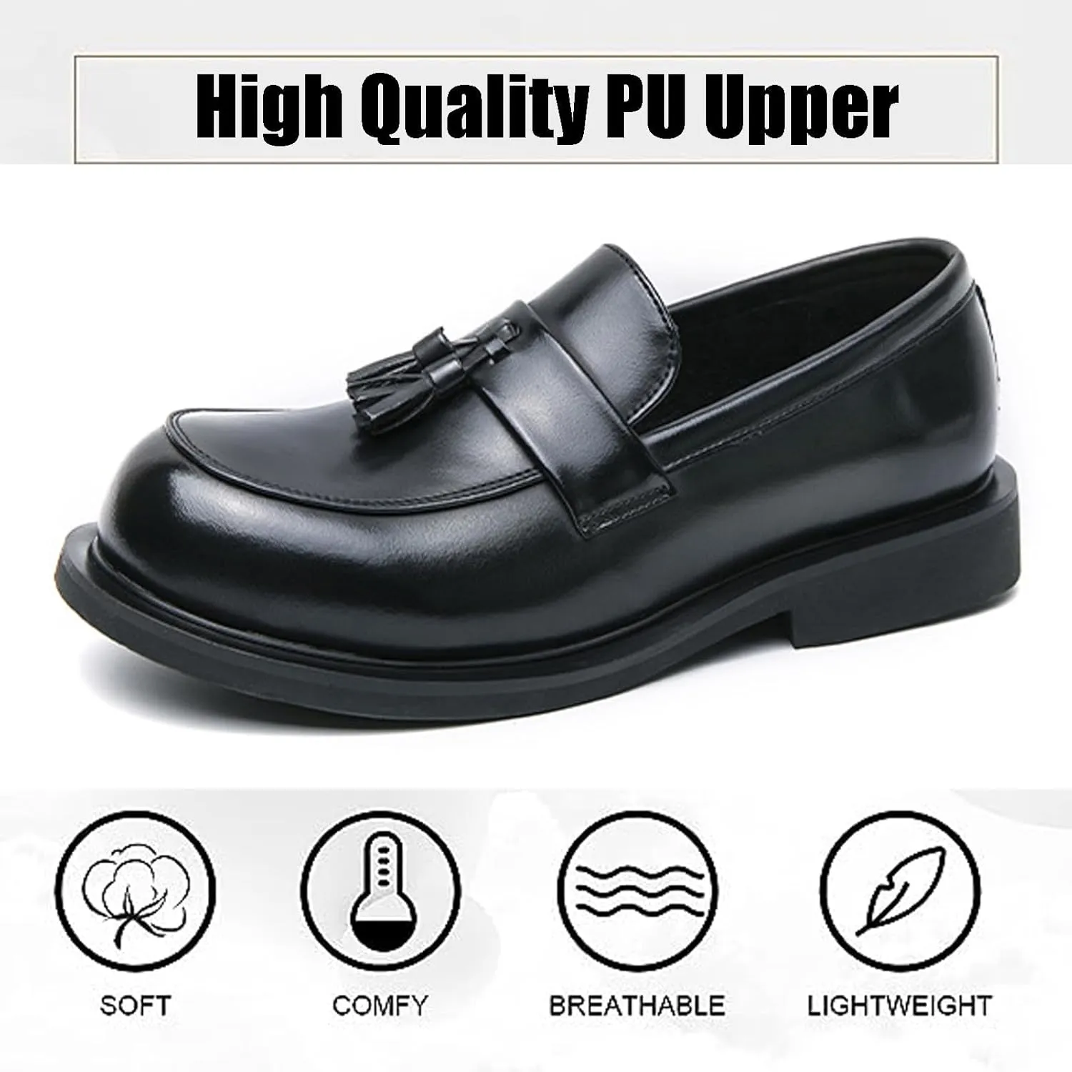 Men's Leather Tassel Slip-On Low Block Heel Loafers Fashion Comfortable Luxury Round Toe Low Top Chunky Low Heel Penny Loafers Casual Work Office Business Dress Shoes