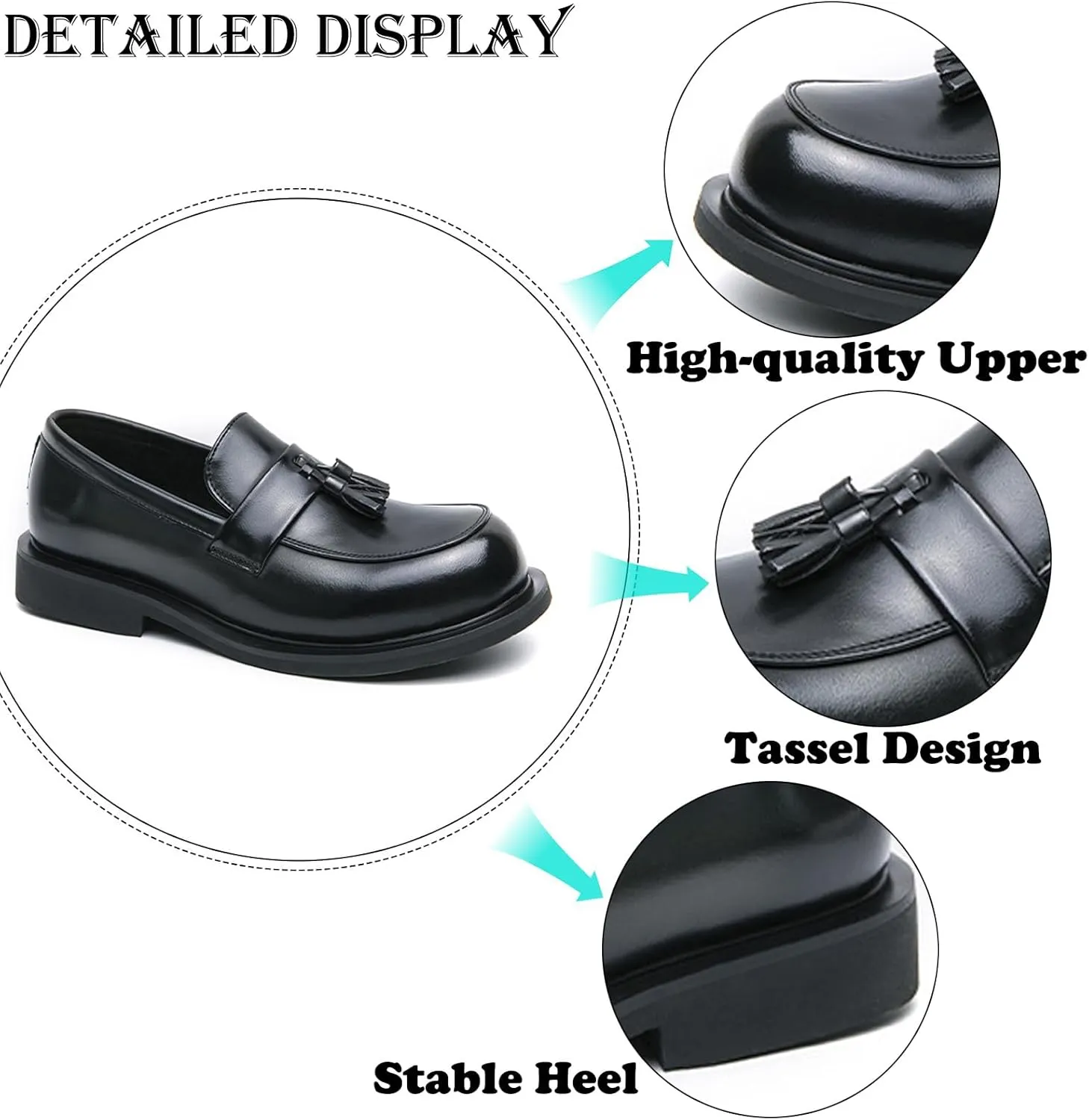 Men's Leather Tassel Slip-On Low Block Heel Loafers Fashion Comfortable Luxury Round Toe Low Top Chunky Low Heel Penny Loafers Casual Work Office Business Dress Shoes
