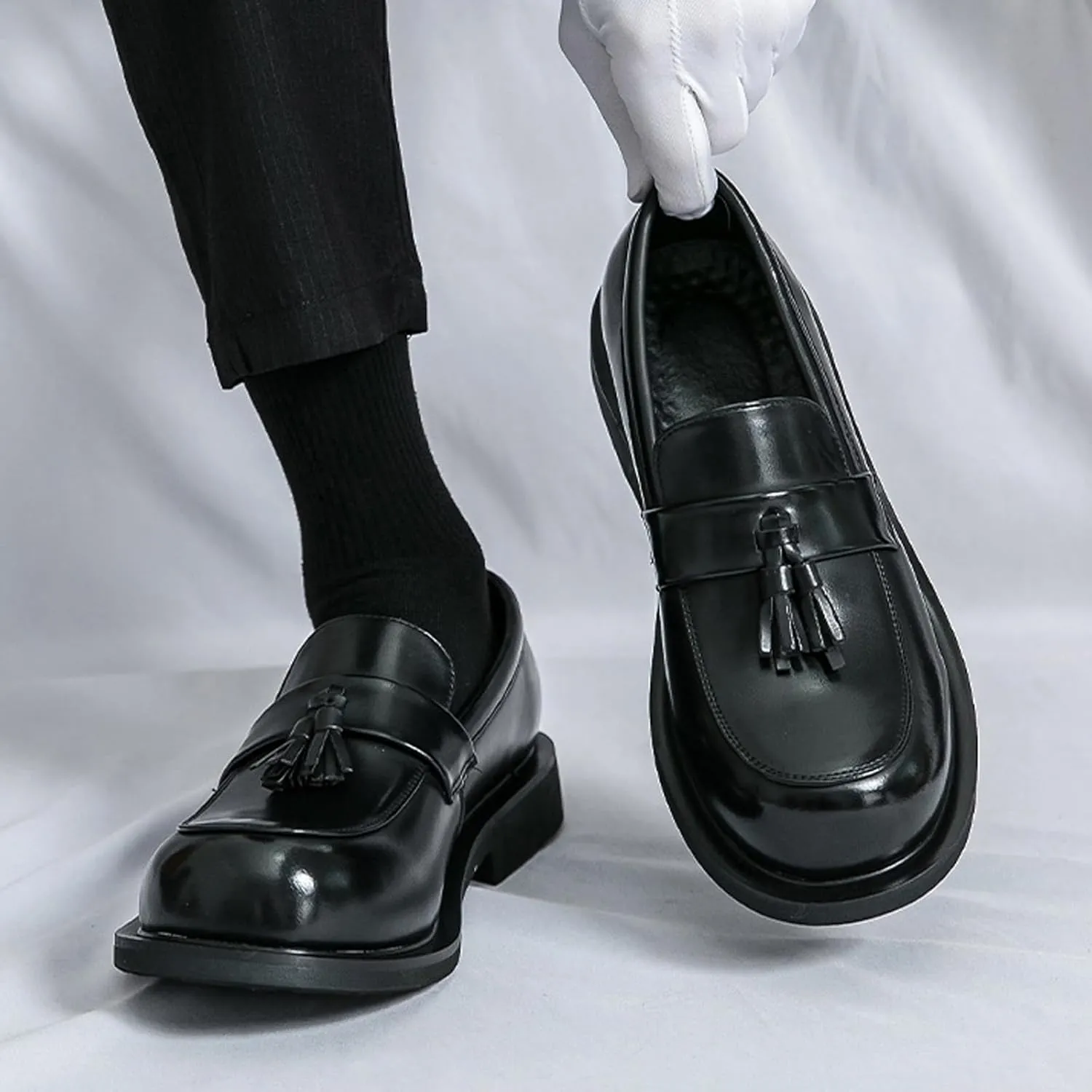 Men's Leather Tassel Slip-On Low Block Heel Loafers Fashion Comfortable Luxury Round Toe Low Top Chunky Low Heel Penny Loafers Casual Work Office Business Dress Shoes
