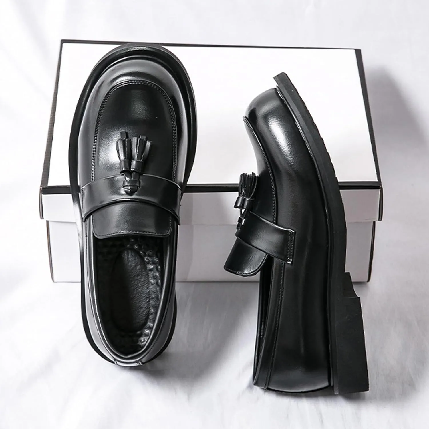 Men's Leather Tassel Slip-On Low Block Heel Loafers Fashion Comfortable Luxury Round Toe Low Top Chunky Low Heel Penny Loafers Casual Work Office Business Dress Shoes
