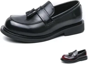 Men's Leather Tassel Slip-On Low Block Heel Loafers Fashion Comfortable Luxury Round Toe Low Top Chunky Low Heel Penny Loafers Casual Work Office Business Dress Shoes