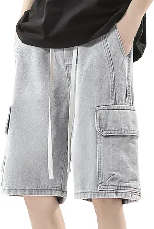 Men's Loose Y2K Hip Hop Mid Jean Shorts Baggy Denim Shorts with Pockets Skateboard Pants Streetwear