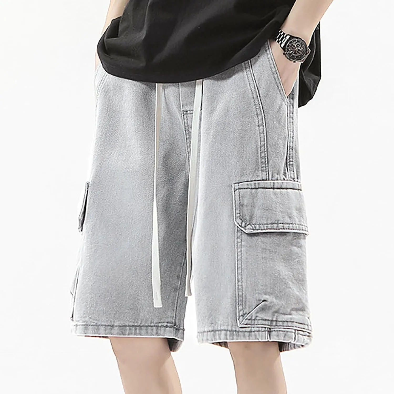 Men's Loose Y2K Hip Hop Mid Jean Shorts Baggy Denim Shorts with Pockets Skateboard Pants Streetwear