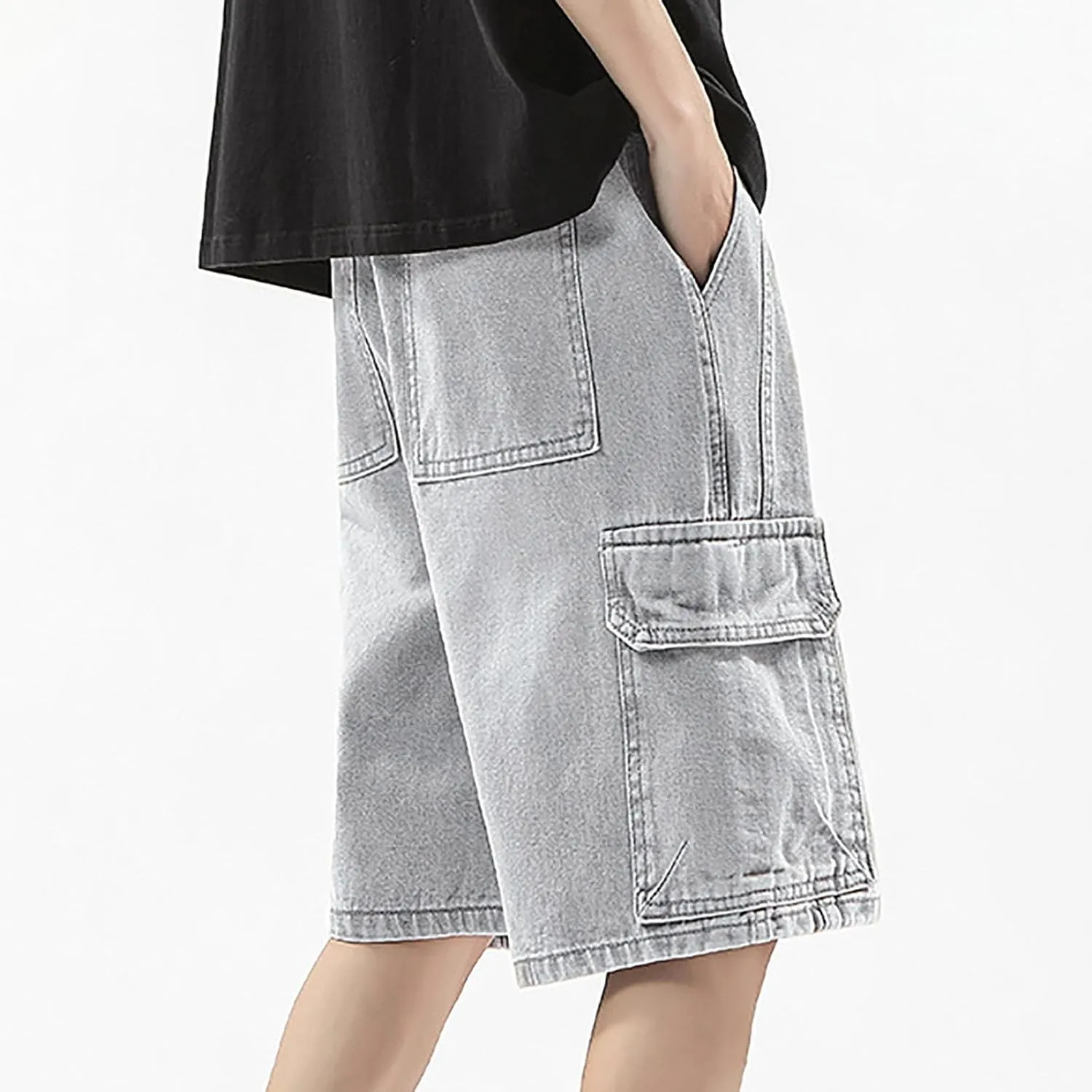 Men's Loose Y2K Hip Hop Mid Jean Shorts Baggy Denim Shorts with Pockets Skateboard Pants Streetwear
