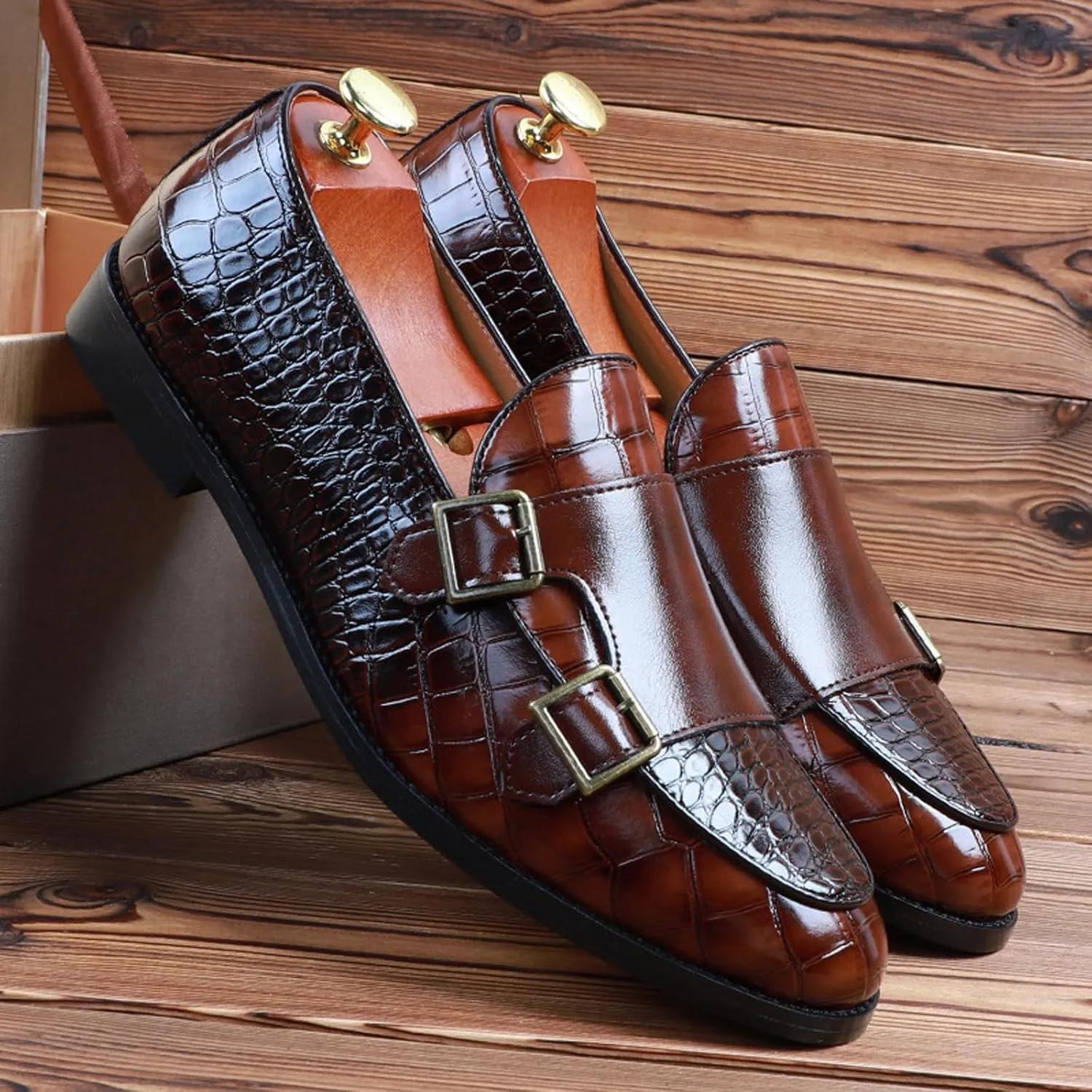 Mens PU Leather Loafers Crocodile Pattern Slip-On Dress Shoes for Men