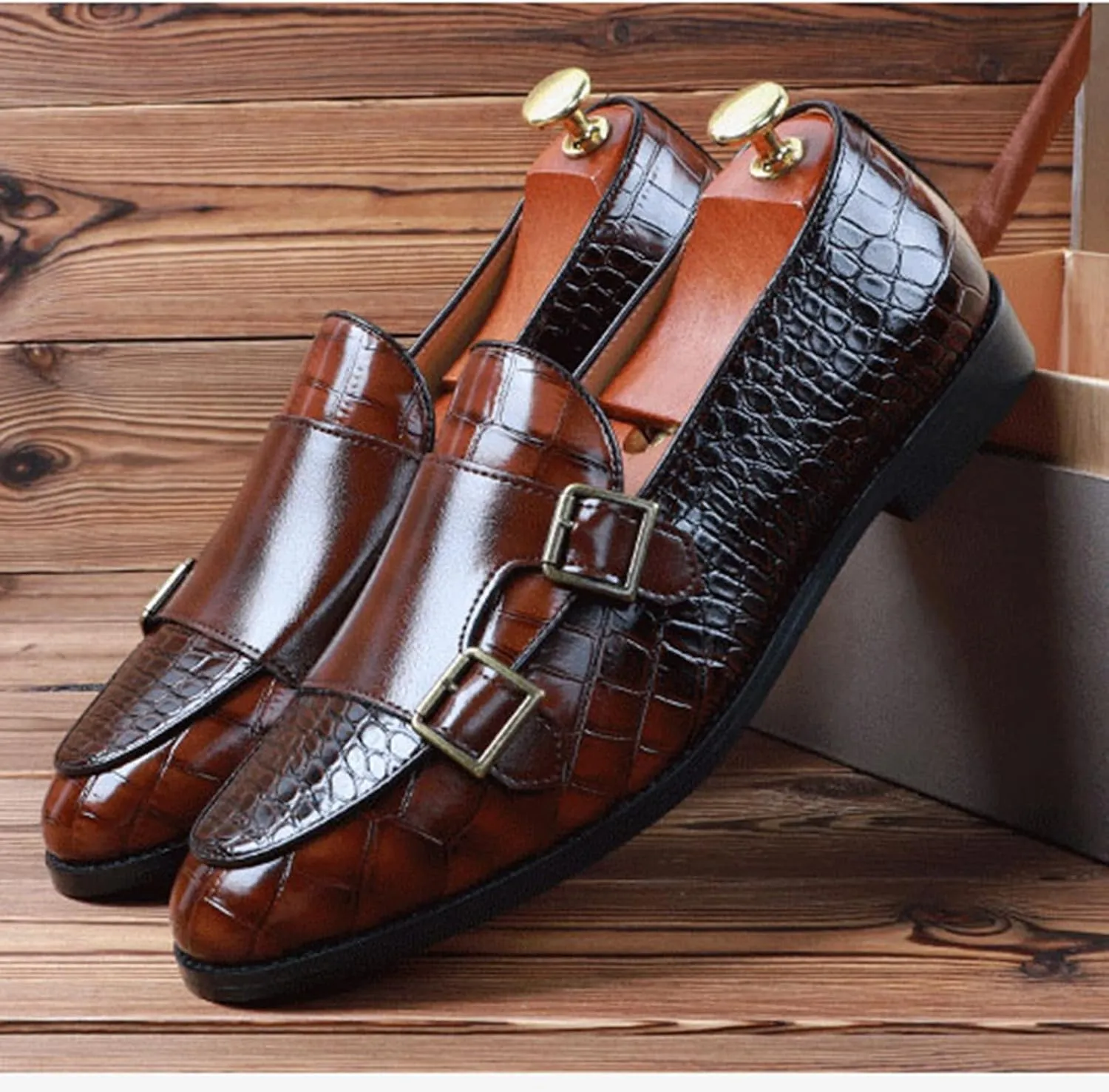 Mens PU Leather Loafers Crocodile Pattern Slip-On Dress Shoes for Men