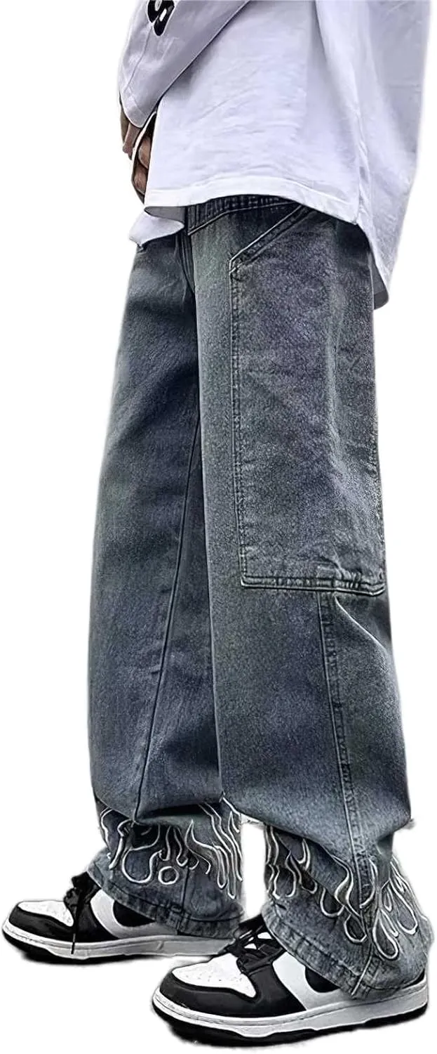 Mens Straight Wide Leg Jeans Vintage Streetwear Hip Hop Denim Pants Flame Embroidered Baggy Loose Fit Trousers