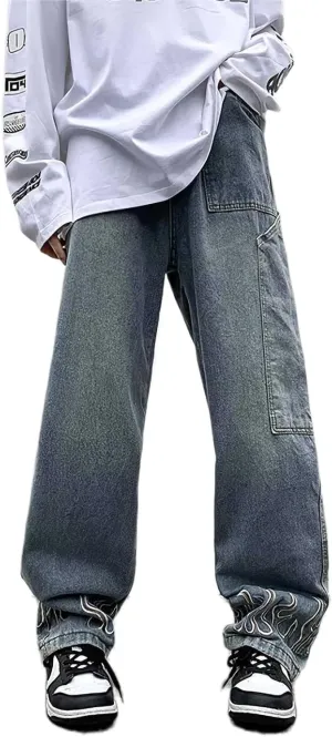 Mens Straight Wide Leg Jeans Vintage Streetwear Hip Hop Denim Pants Flame Embroidered Baggy Loose Fit Trousers