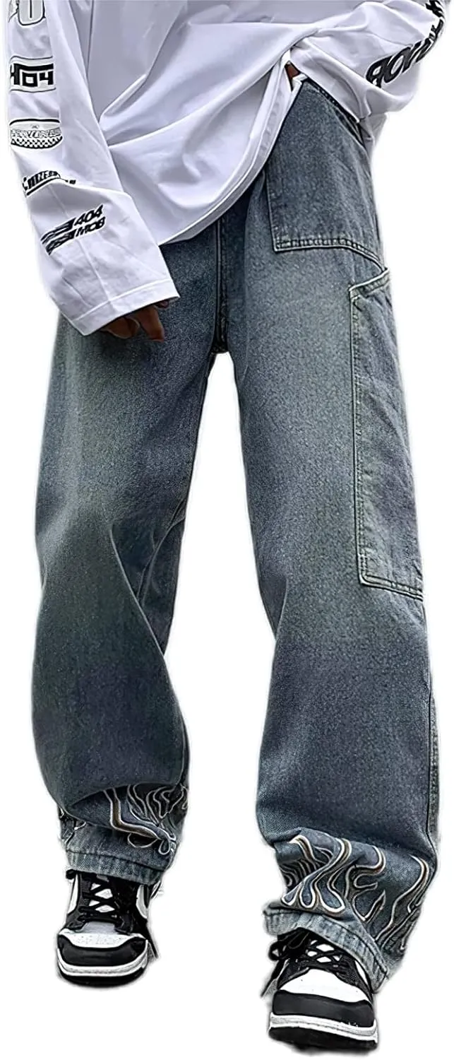 Mens Straight Wide Leg Jeans Vintage Streetwear Hip Hop Denim Pants Flame Embroidered Baggy Loose Fit Trousers