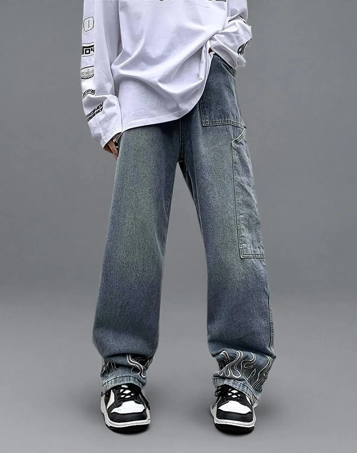 Mens Straight Wide Leg Jeans Vintage Streetwear Hip Hop Denim Pants Flame Embroidered Baggy Loose Fit Trousers