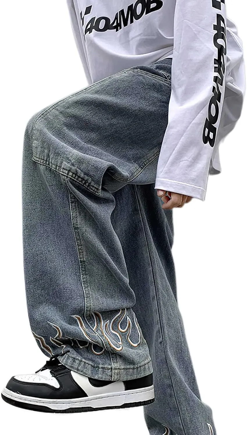 Mens Straight Wide Leg Jeans Vintage Streetwear Hip Hop Denim Pants Flame Embroidered Baggy Loose Fit Trousers