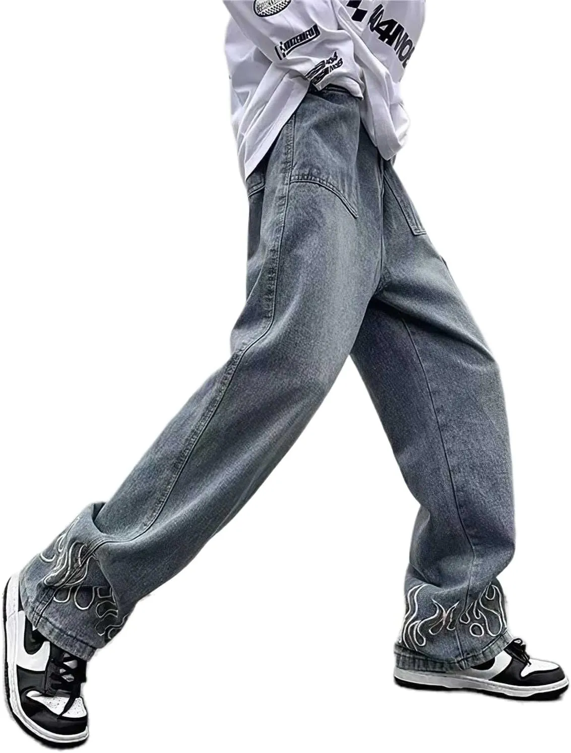 Mens Straight Wide Leg Jeans Vintage Streetwear Hip Hop Denim Pants Flame Embroidered Baggy Loose Fit Trousers